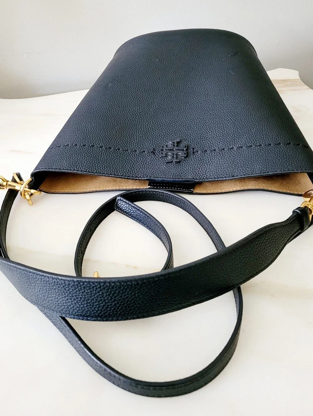 Tory Burch McGraw Black Pebbled Leather Bucket Crossbody/Shoulder Bag